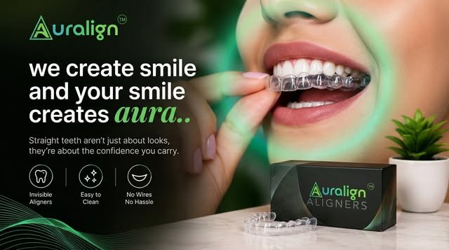 Aura Aligners Instagram campaign artwork with clear aligners and branded packaging
